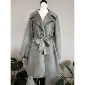 NWT T Tahari Faux Sueded Taupe Belted Open Front Trench CoatSize Small Classic